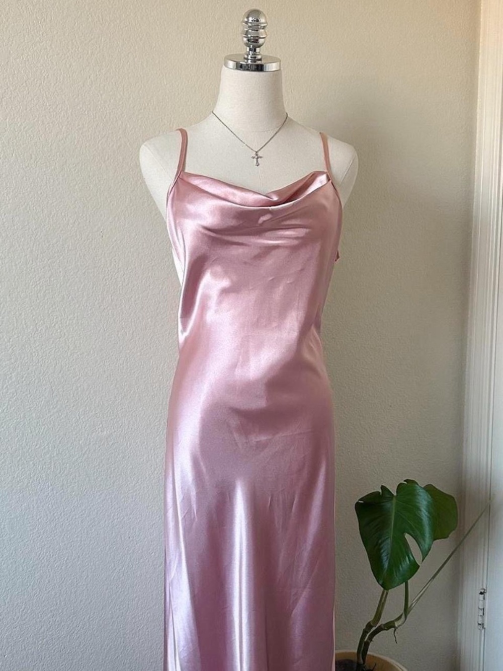 Bebe Pink Satin Cowl Neck Dress